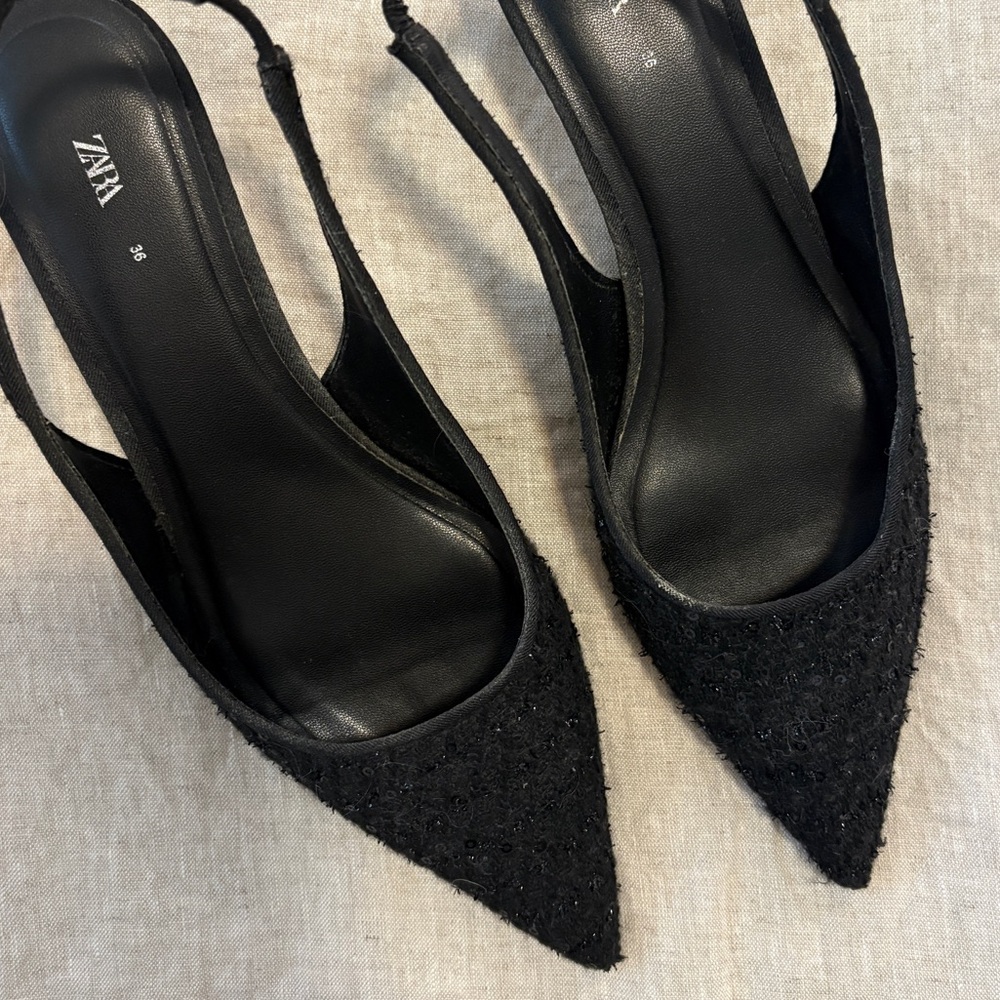 Zara Elegant Fabric Black Slingback Heels 36 / 6 WORE ONCE